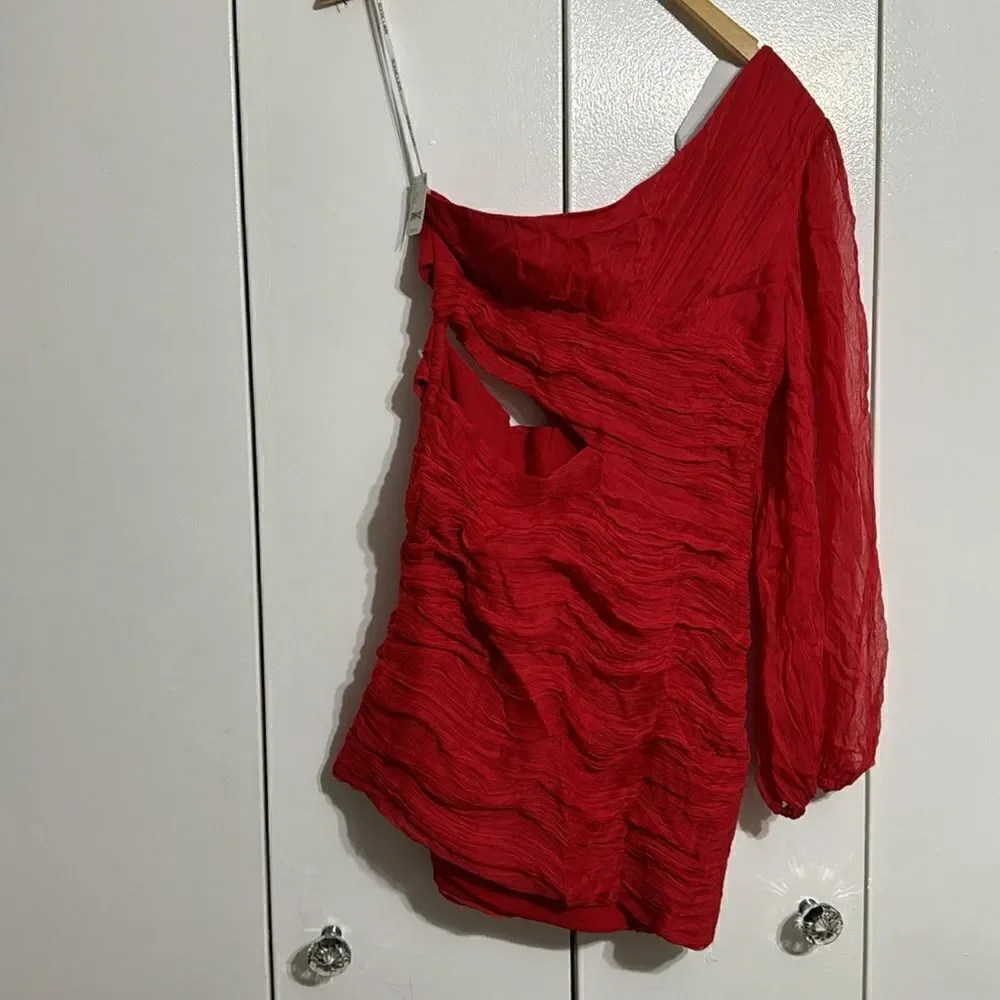 Free People Shona Joy Margot One Shoulder Cut Out Mini Dress - Sailor Red Size 8